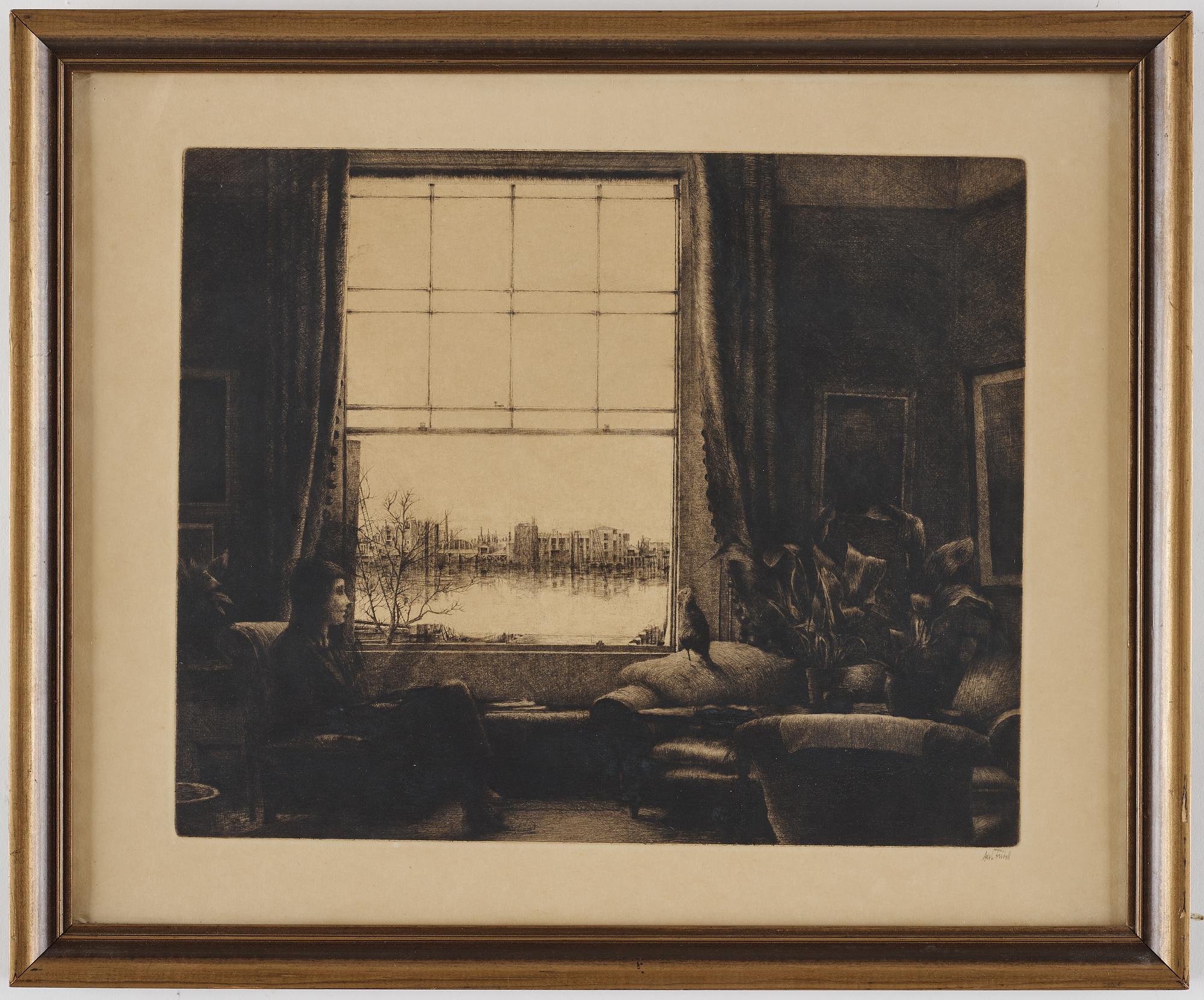 AXEL FRIDELL, torrnål, signerad Axel Fridell med blyerts. Utförd i London 1926-27."The Window".