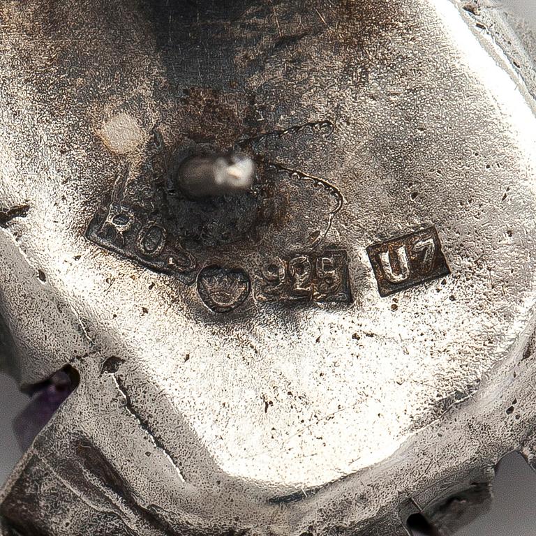 Reino Saastamoinen, örhängen, sterling silver och ametister, 1973.