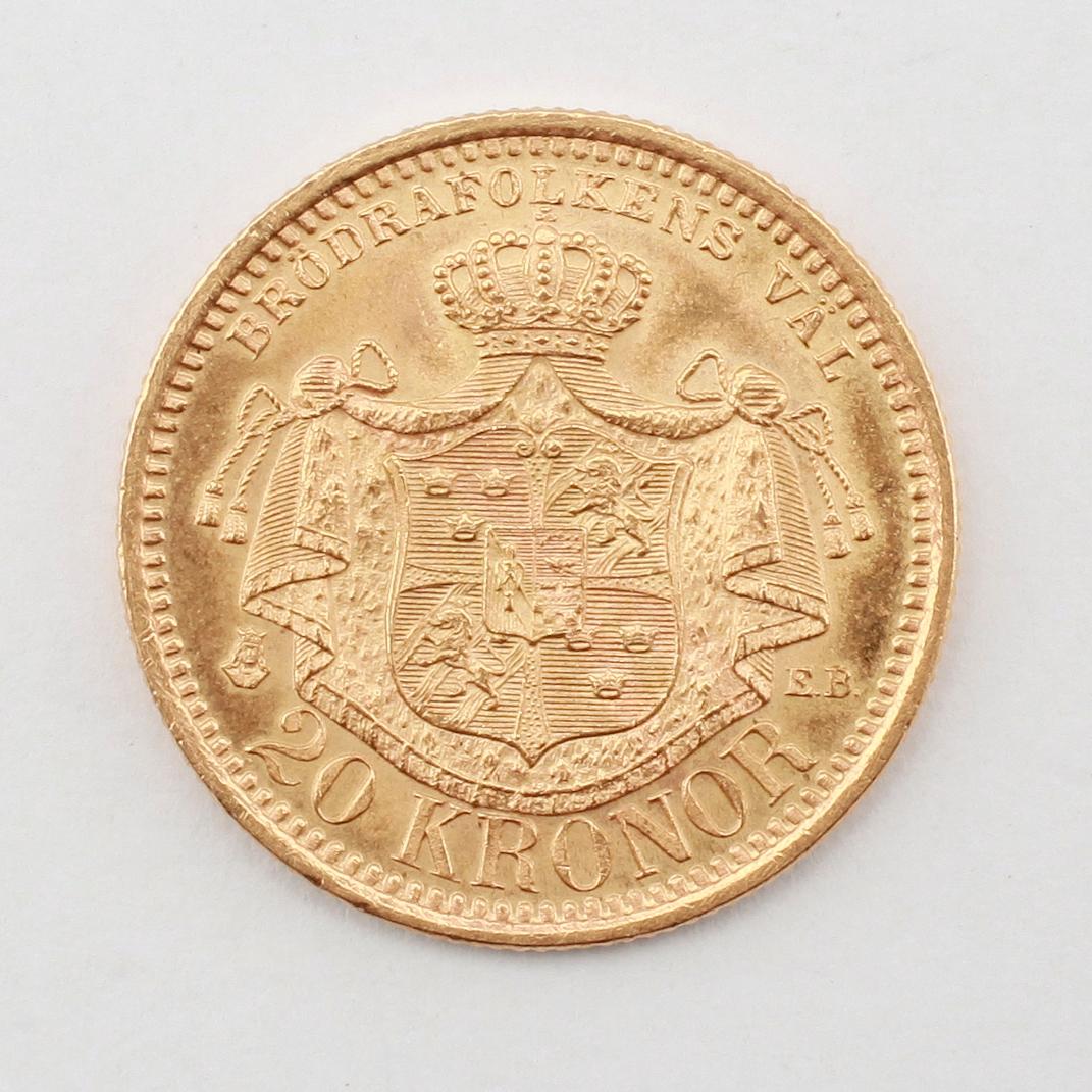 GULDMYNT, 20 kronor, Oscar 1899. Vikt ca 9 gram.