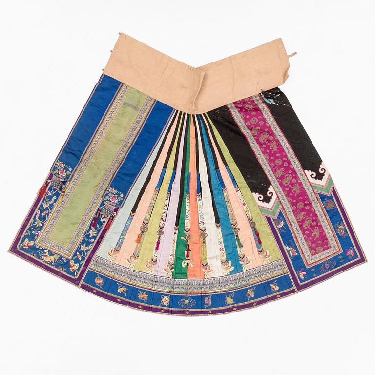 Two embroidered silk skirts, late Qing dynasty.