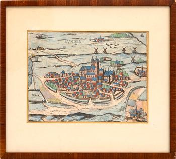 Georg Braun & Franz Hogenberg, city view of Lund, hand-coloured copper engraving, Cologne 1588.