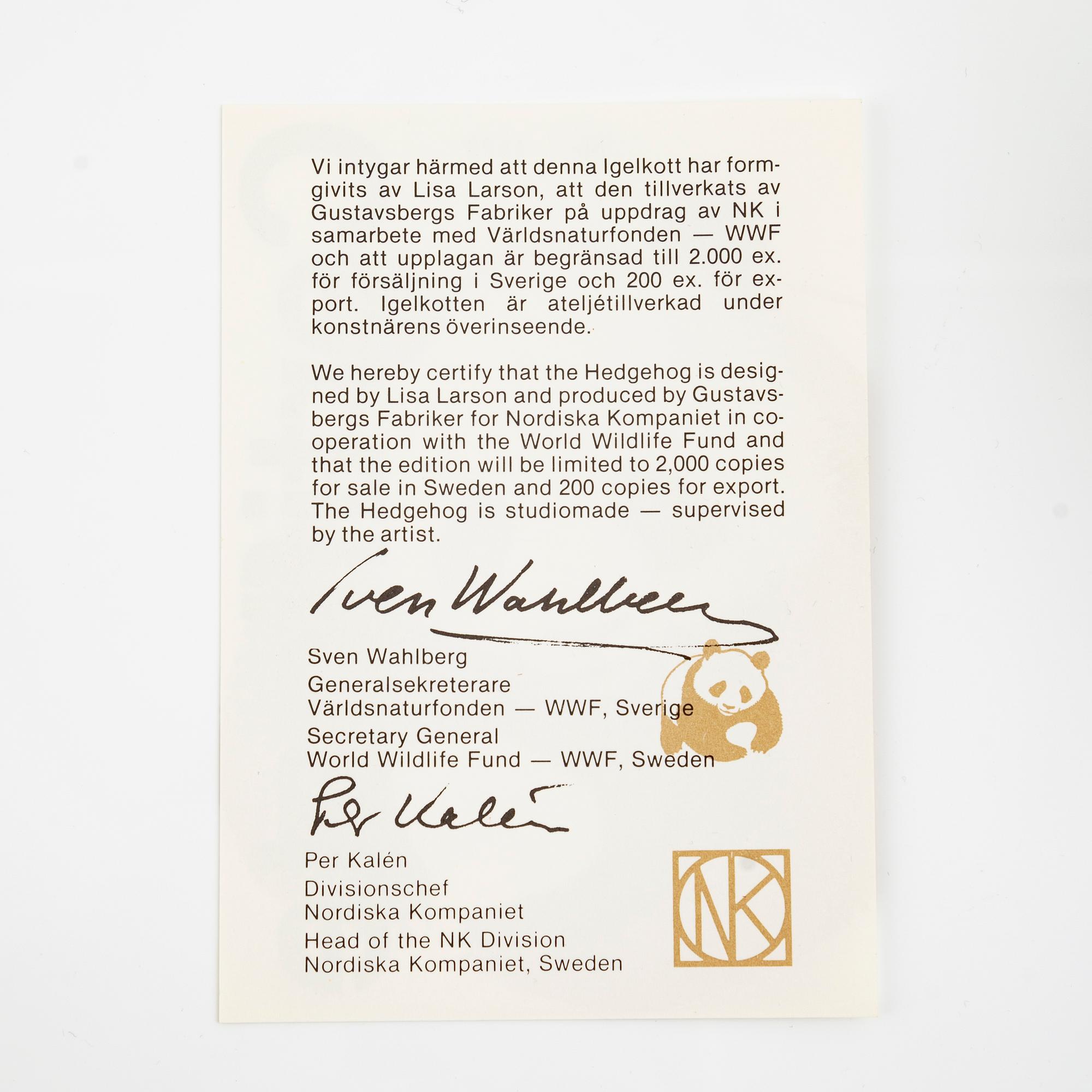 Lisa Larson, a 'Hedgehog' figurine, Gustavsberg, NK, Nordiska Kompaniet in collaboration with WWF. Limited edition 2200.