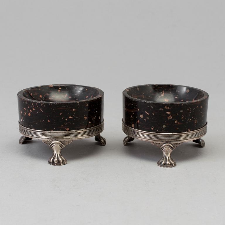 A pair of late Gustavian porphyry and silver salts. Silver maker's mark by Adam Tillström, Växjö 1799.