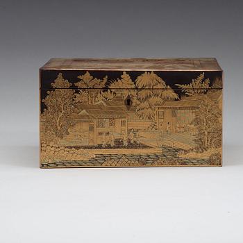 A Canton black lacquer box with cover, Qing dynasty, 19th Century.