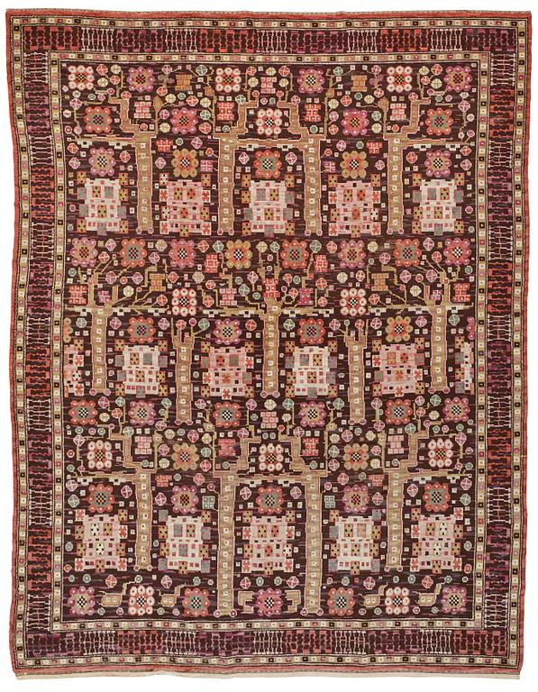 Märta Måås-Fjetterström, MATTO, "Svarta trädgårdsmattan", knotted pile, ca 384-385,5 x 289-303 cm, signed MMF.