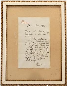Carl Larsson, Handwritten letter of thanks, 1906.