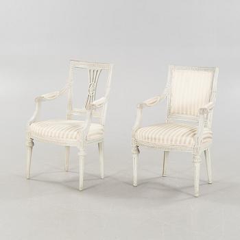 KARMSTOLAR, 2 st, gustavianska, signerade OBS, Olaus Bengtsson, Lindome, omkring 1800.