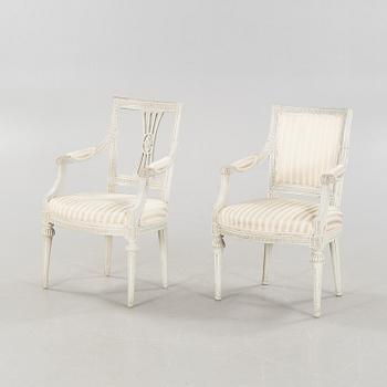 Two gustavian armchairs signed OBS, Olaus Bentsson, Lindome, around the year 1800.