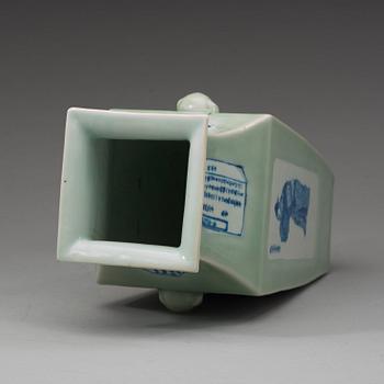 A celadon ground blue and white vase, late Qing dynasty.