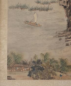 A Chinese album page, ink and colour on paper, signed Shitian, Wang Xu.