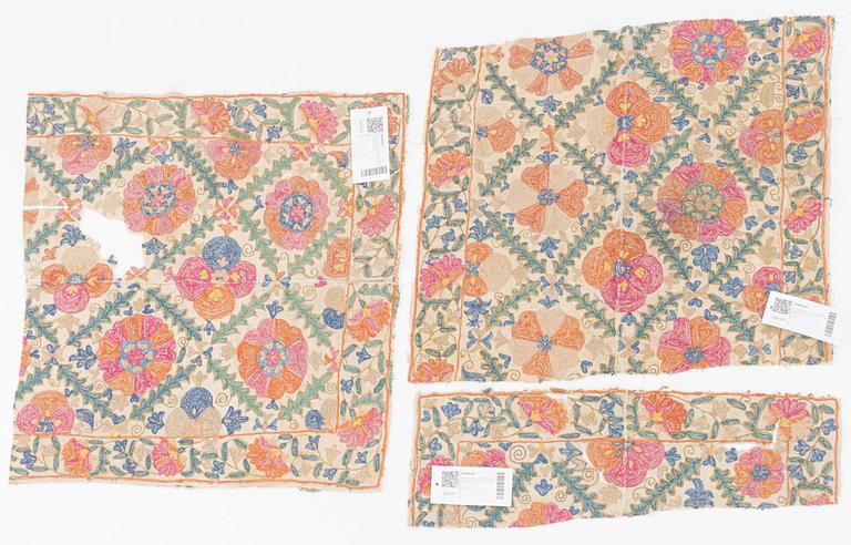 Antique Suzani embroidery fragments, 3 pcs, Uzbekistan, approx. 50 x 55, 53 x 18, and 54 x 48 cm.