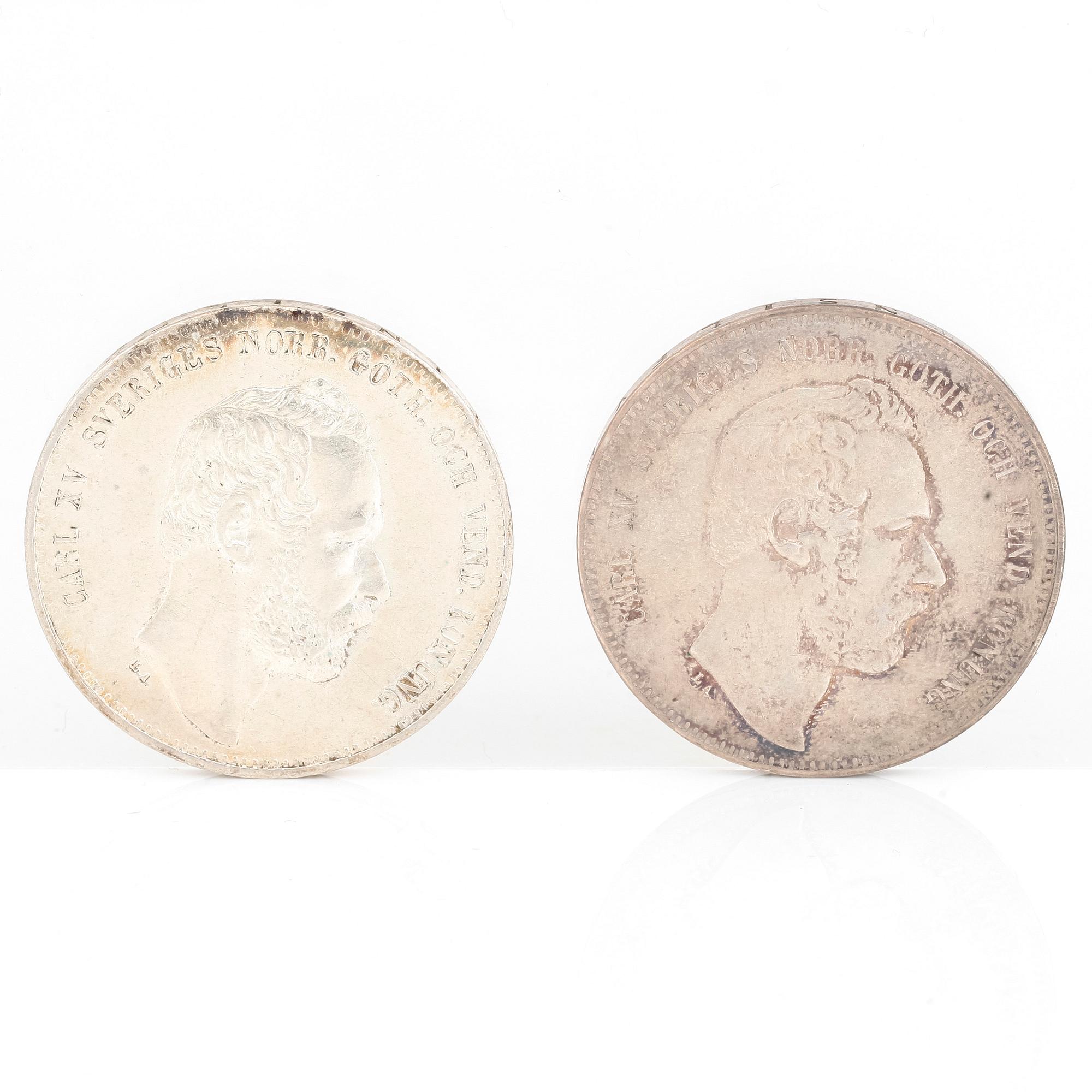 SILVERMYNT, 2 st, 4 Riksdaler Riksmynt, Karl XV av Sverige o Norge 1862 resp 1865. Vikt ca 68 gram.