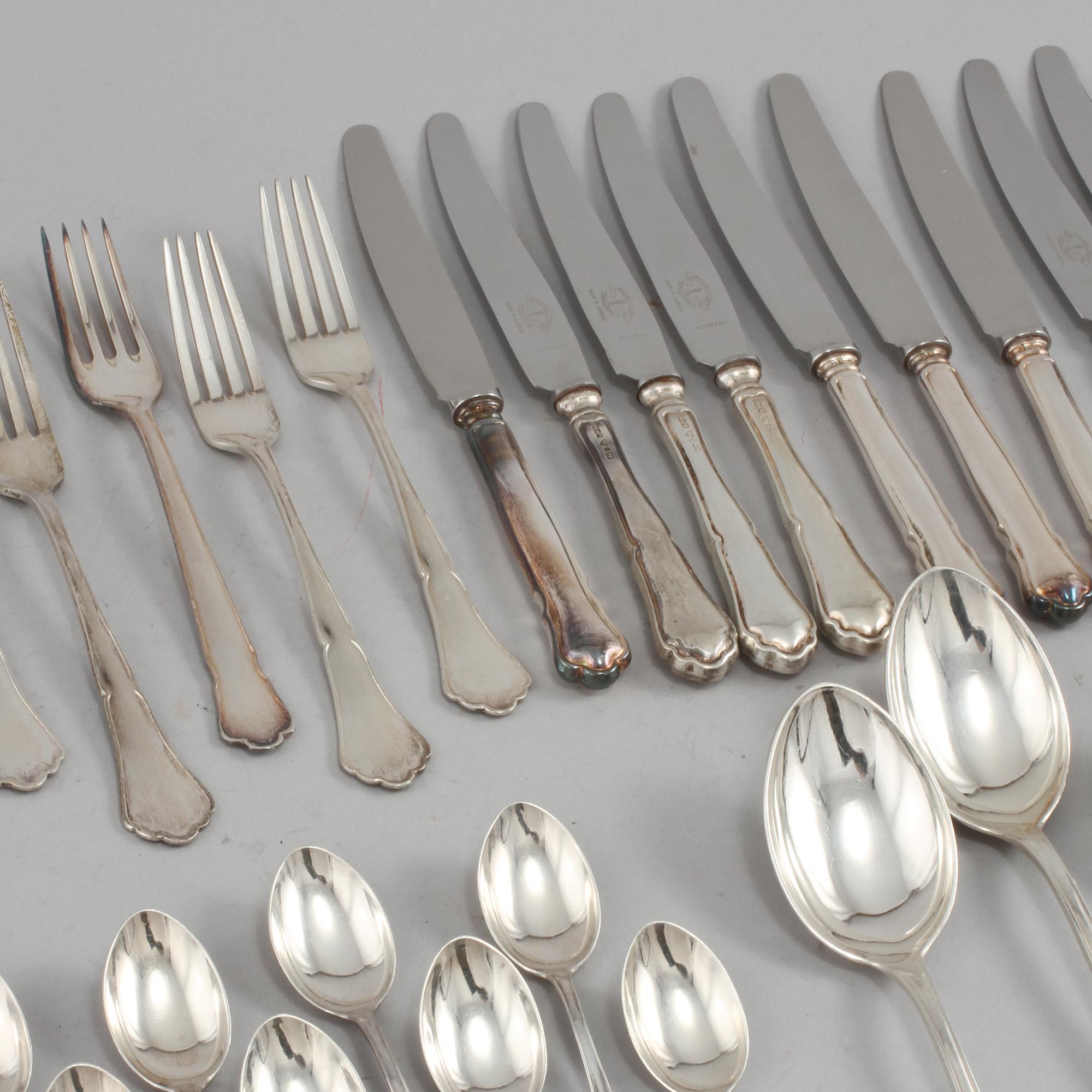 BESTICKSERVIS, silver, 51 delar, snarlika, delvis "Chippendale", Sverige, 1900-talets andra hälft, vikt 1243 g.