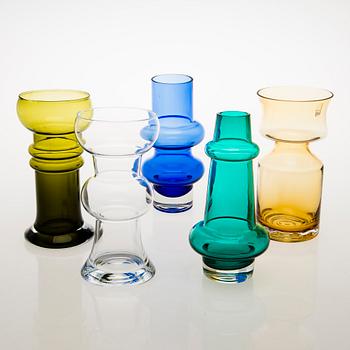 TAMARA ALADIN, A set of five different glass vases, Riihimäen Lasi 1966-76.