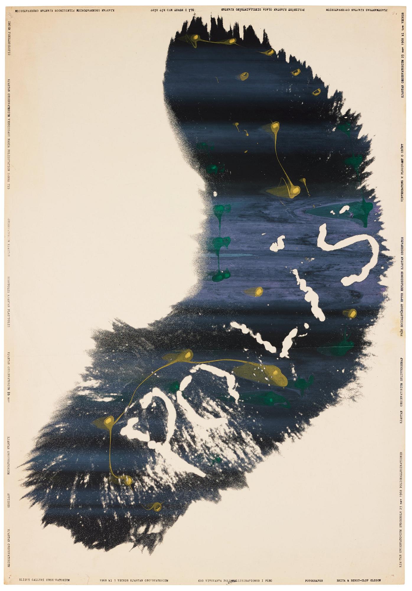 Kjartan Slettemark, två utställningsaffischer serigrafi Kjartans Observatorium 1968 och Woodstock Gallery 1965.