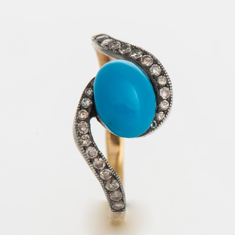 RING, guld (56), turkos, ca 2,0 ct, små diamanter totalt ca 0,50 ct. Ryska stämplar. Vikt ca 3,0 g.