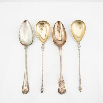 A collection of serving cutlery, 21 pieces, silver, 18th/19th/20th century, various manufacturers weight appr 1397 grams.