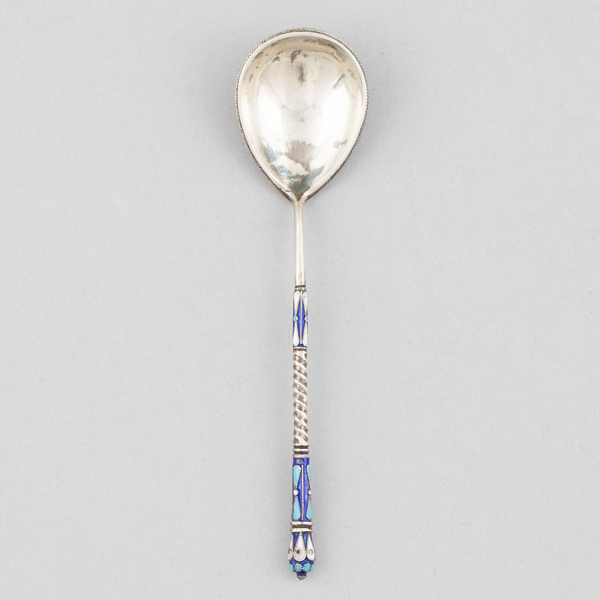 A Russian silver and enamel spoon, Moscow, 1908-26.