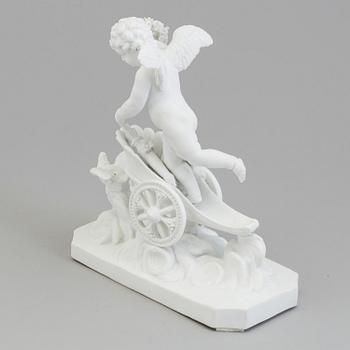 A bisquit figure of a putto on a chariot, Paris, France, possibly 18th Century.