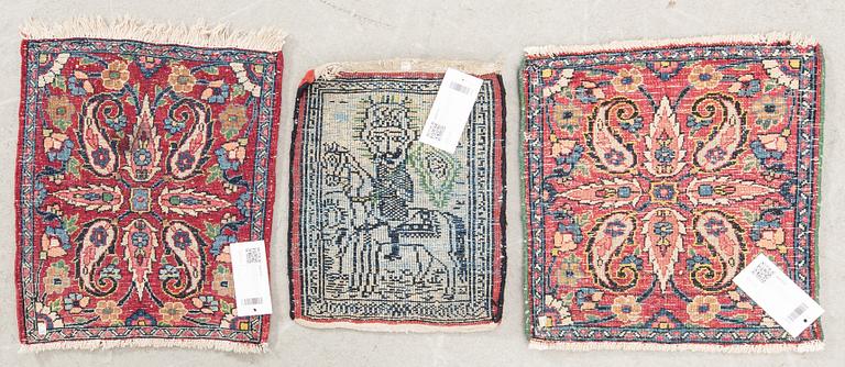 Mattor 3 st Shiraz (väskframsida?), Birjand semiantika ca 37x30 cm, 46x40 cm och 38x36 cm.