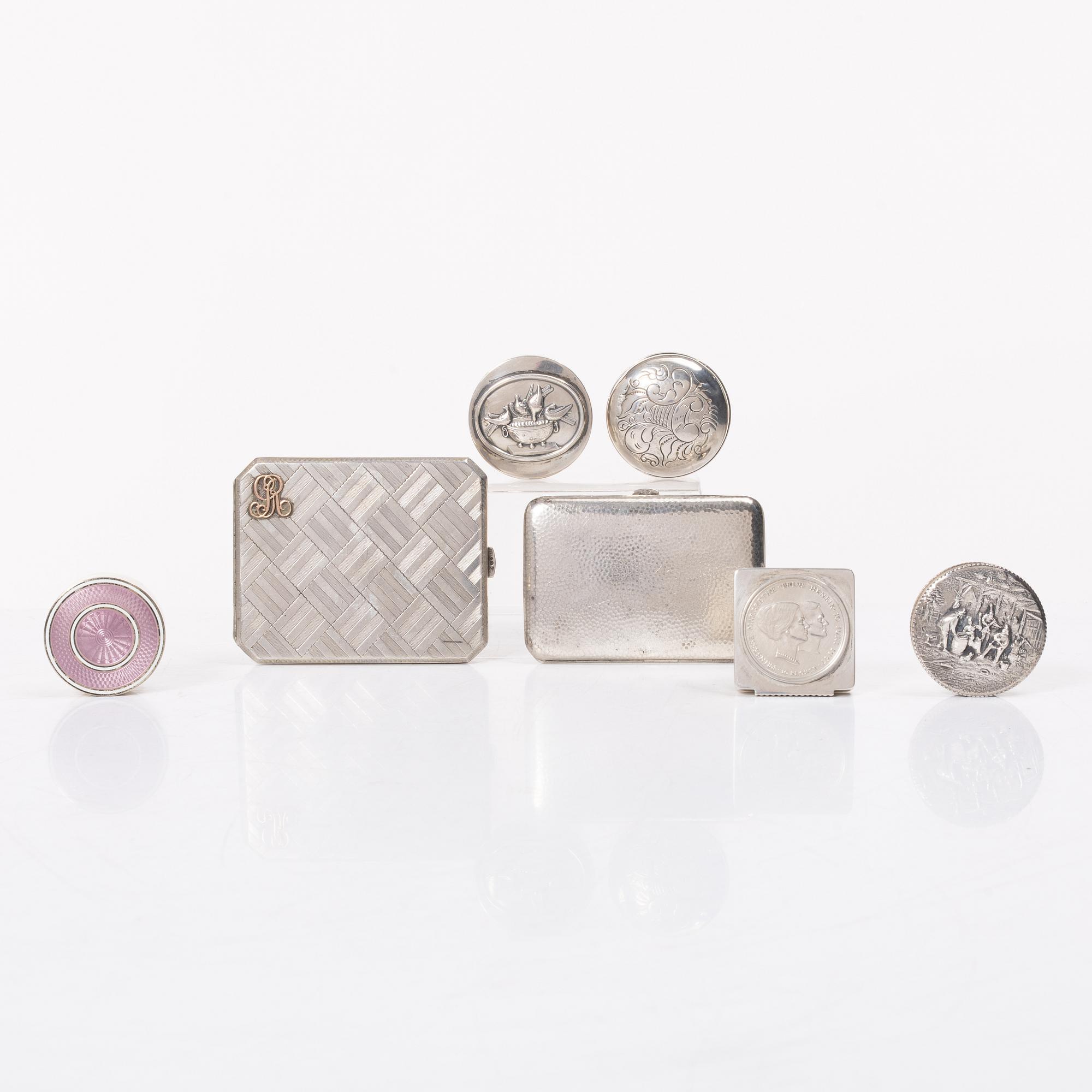 Seven silver boxes and cigarette cases, including with mark of Carl Fredrik Hultbom, Stockholm 1841.