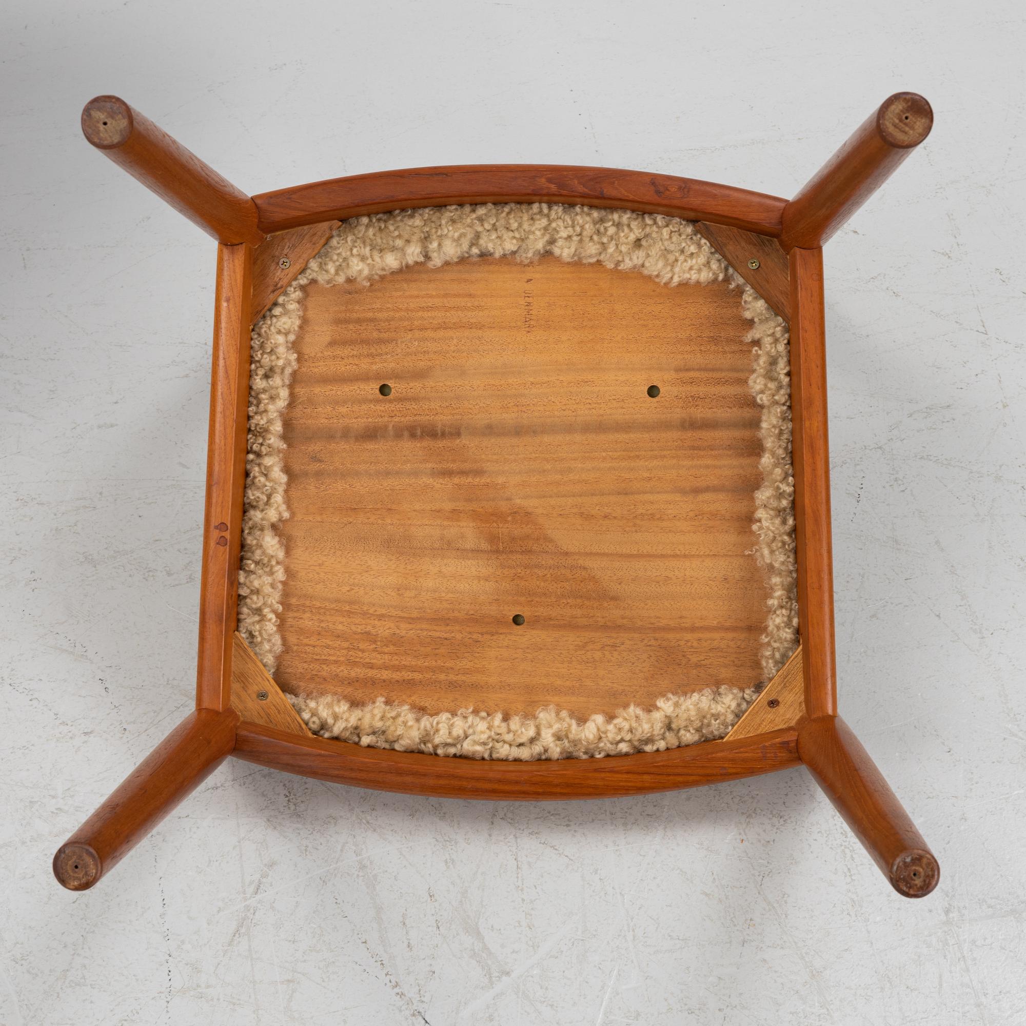 Niels Koefoed, a set of six teak dining chairs upholstered in new sheepskin, Denmark, 1960's.