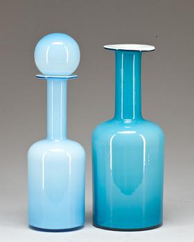 FLASKOR, 2 st, glas, Holmegaard, Danmark, 1900-talets mitt/andra hälft.