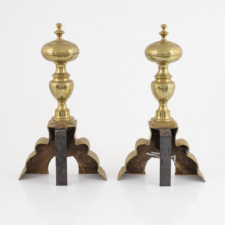 A pair of brass andirons, 20th century.