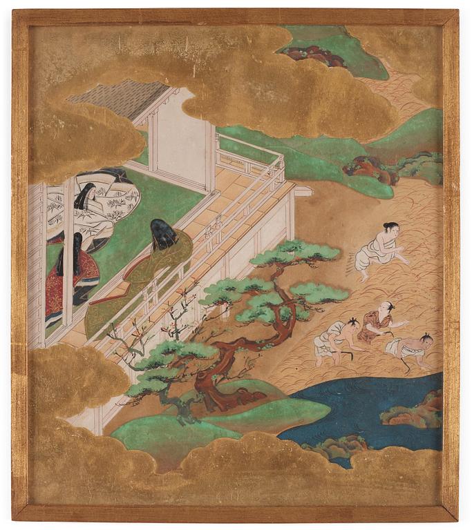 Målningar, fyra stycken av okänd konstär, akvarell och tusch på papper. Japan, Kyoto, 17/1800-tal,