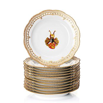 A set of 12 Royal Copenhagen armorial dishes, Denmark, 20th Century.