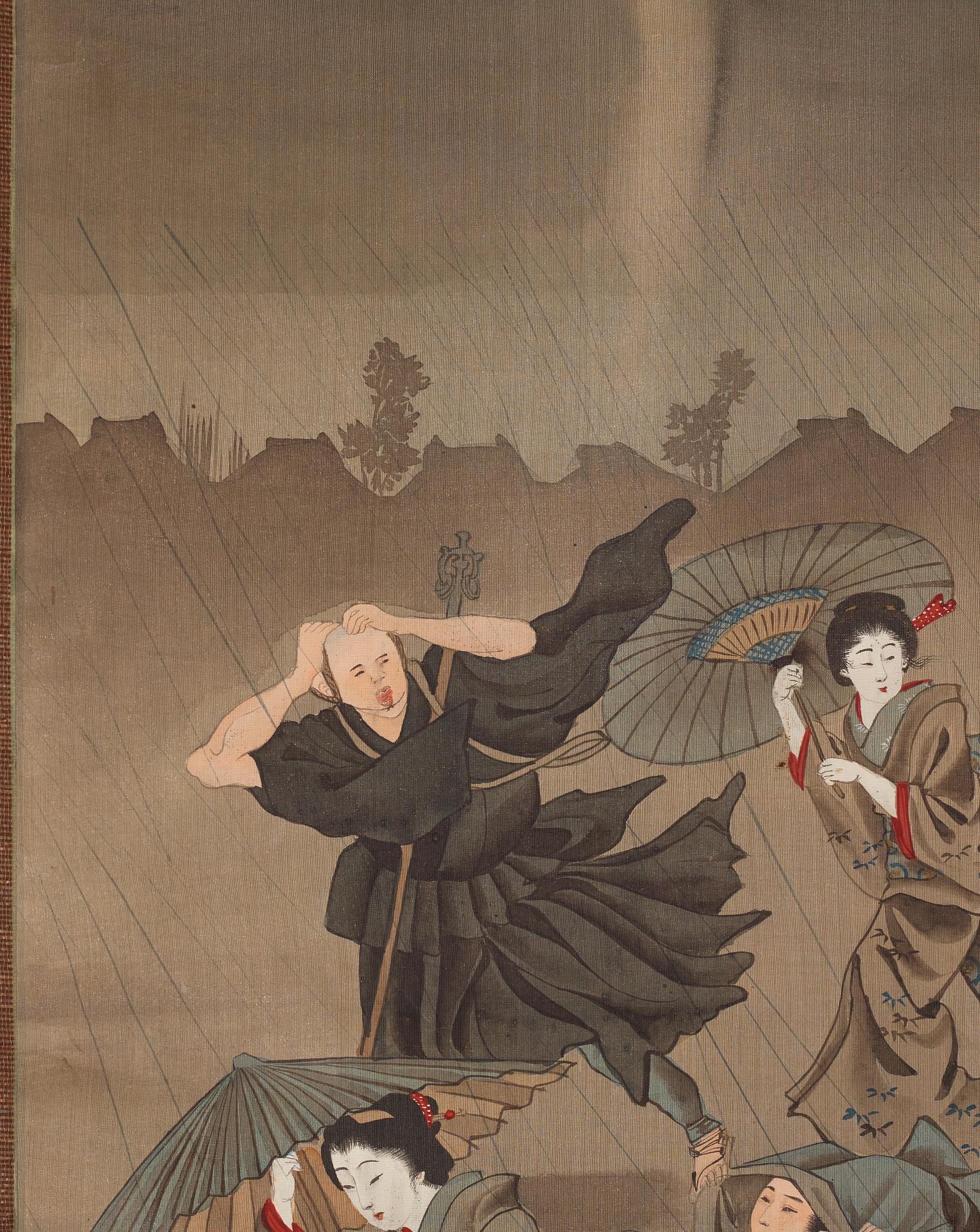 RULLMÅLNINGAR, sex stycken, tusch och färg på papper. Japan, Meiji (1868-1912).