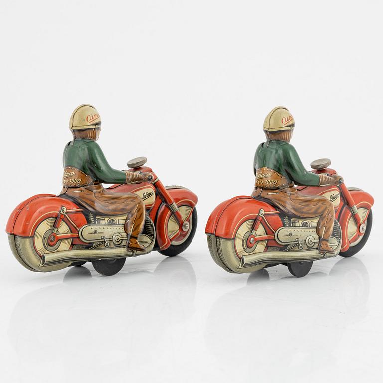 Schuco, four tin motorcycles, 'Curvo 1000' and 'Motodrill 1006', U.S. Zone Germany , mid 20th century.
