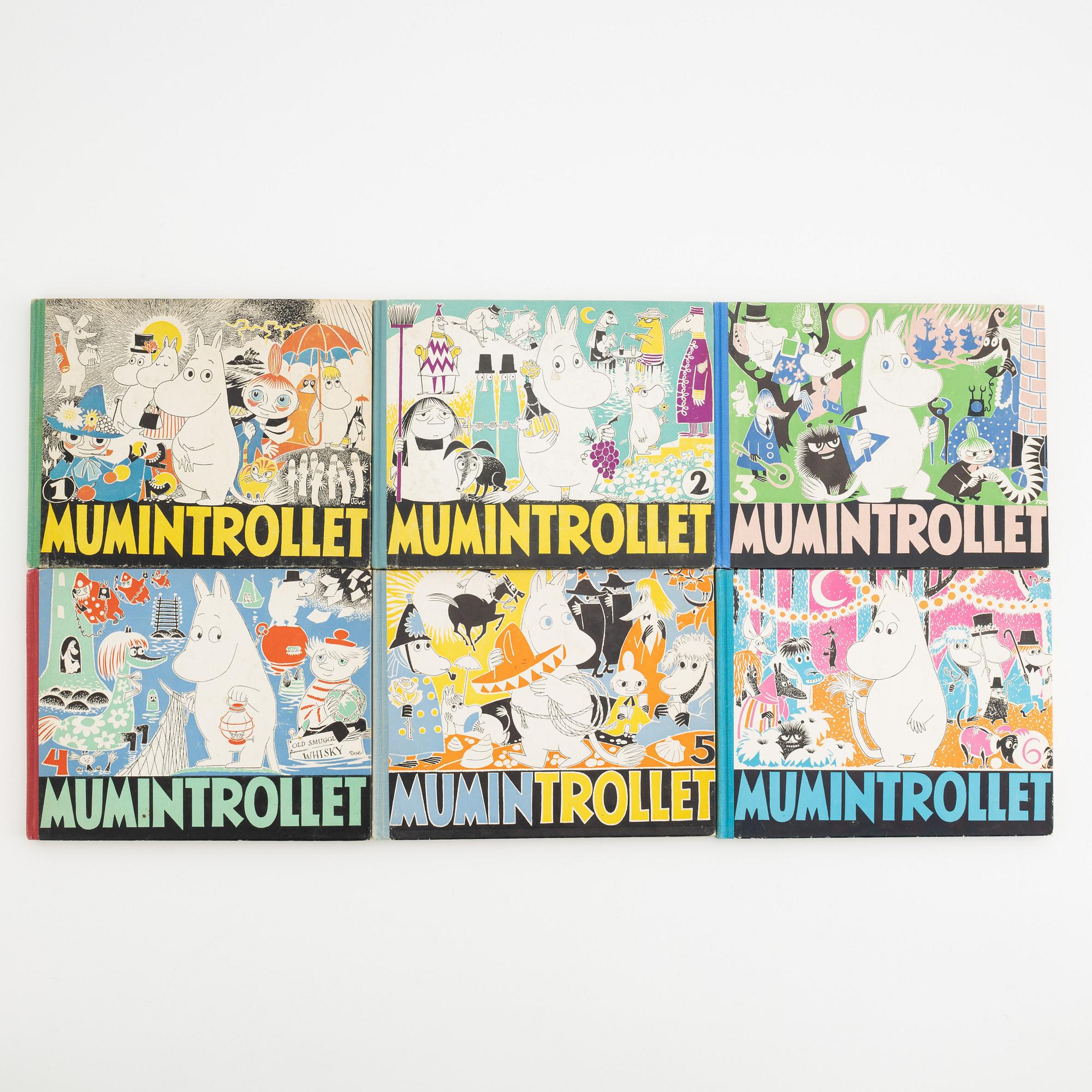 Tove Jansson,  six books 'Mumintrollet 1-6', Gebers Förlag AB 1957-62.