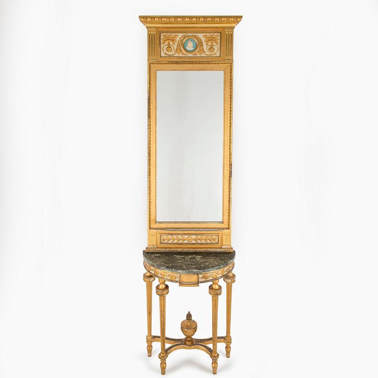 A MIRROR AND CONSOLE TABLE, gustavian style, mid 1900s.