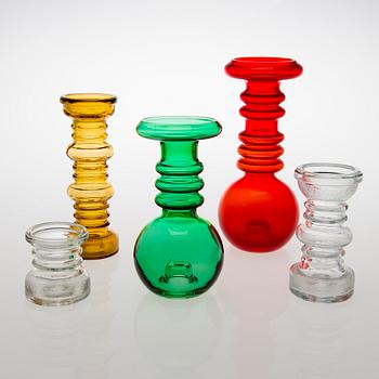 TAMARA ALADIN, A set of five 'Carmen' glass candlesticks/ vases, models 1963 and 1964, Riihimäen Lasi, 1970-1981.