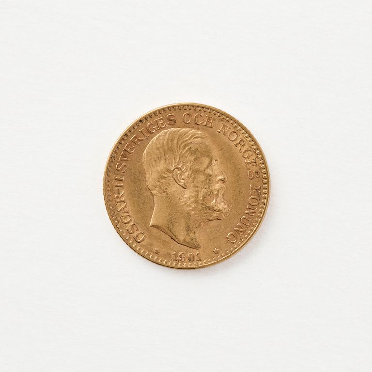 Gold coin, Oscar II, Sweden. 10 kronor, 1901.