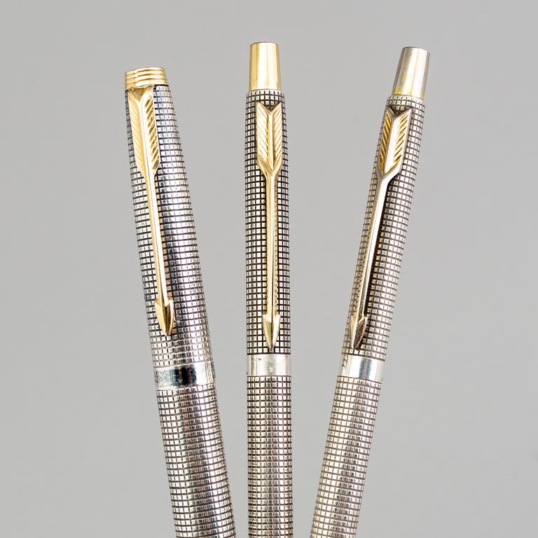 Three pens by Parker, silver.