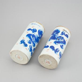 Two vases with buddhist lions in blue, China, 20th Century.