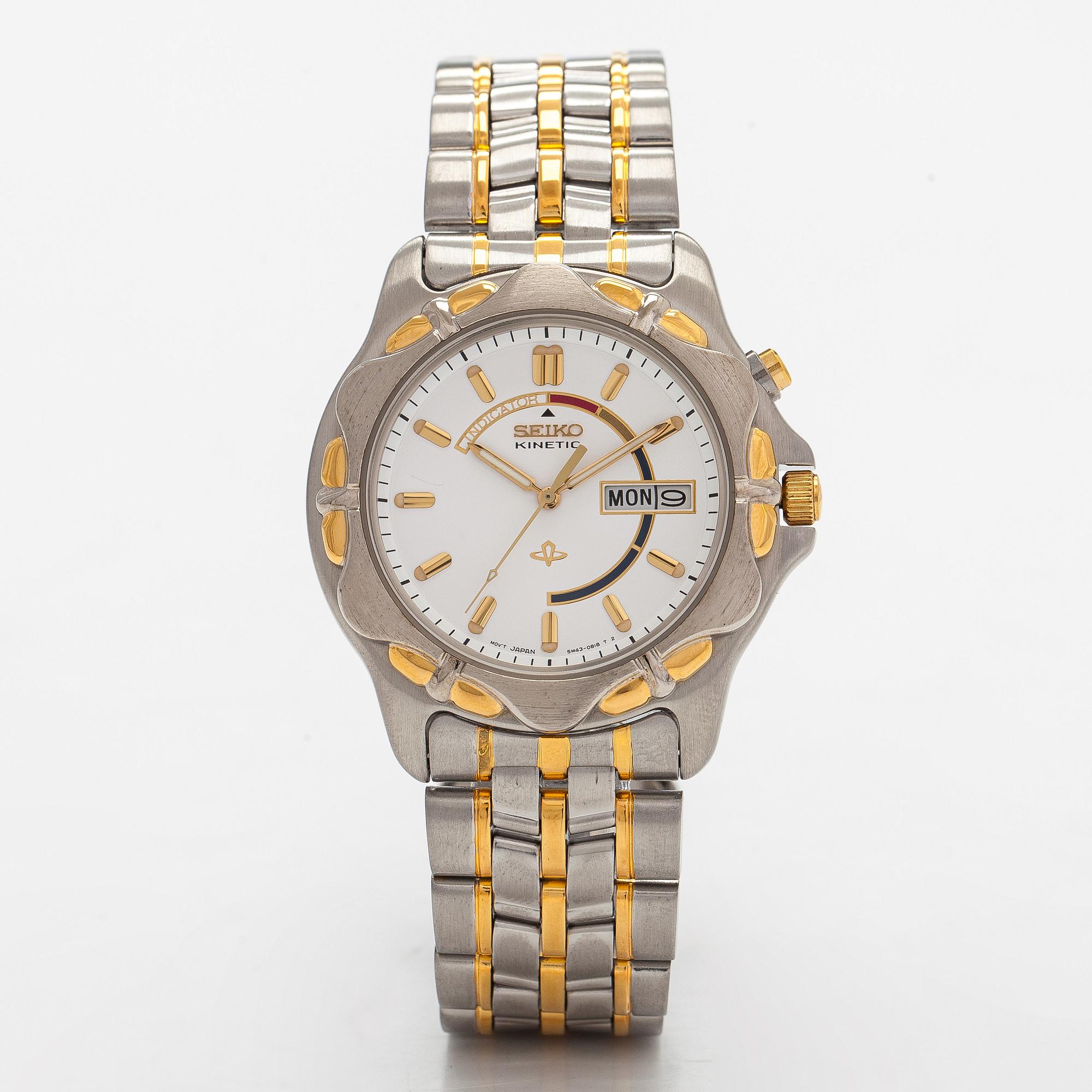 Seiko Kinetic wristwatch, 40 mm, gold / steel, plastic crystal, 1990s.