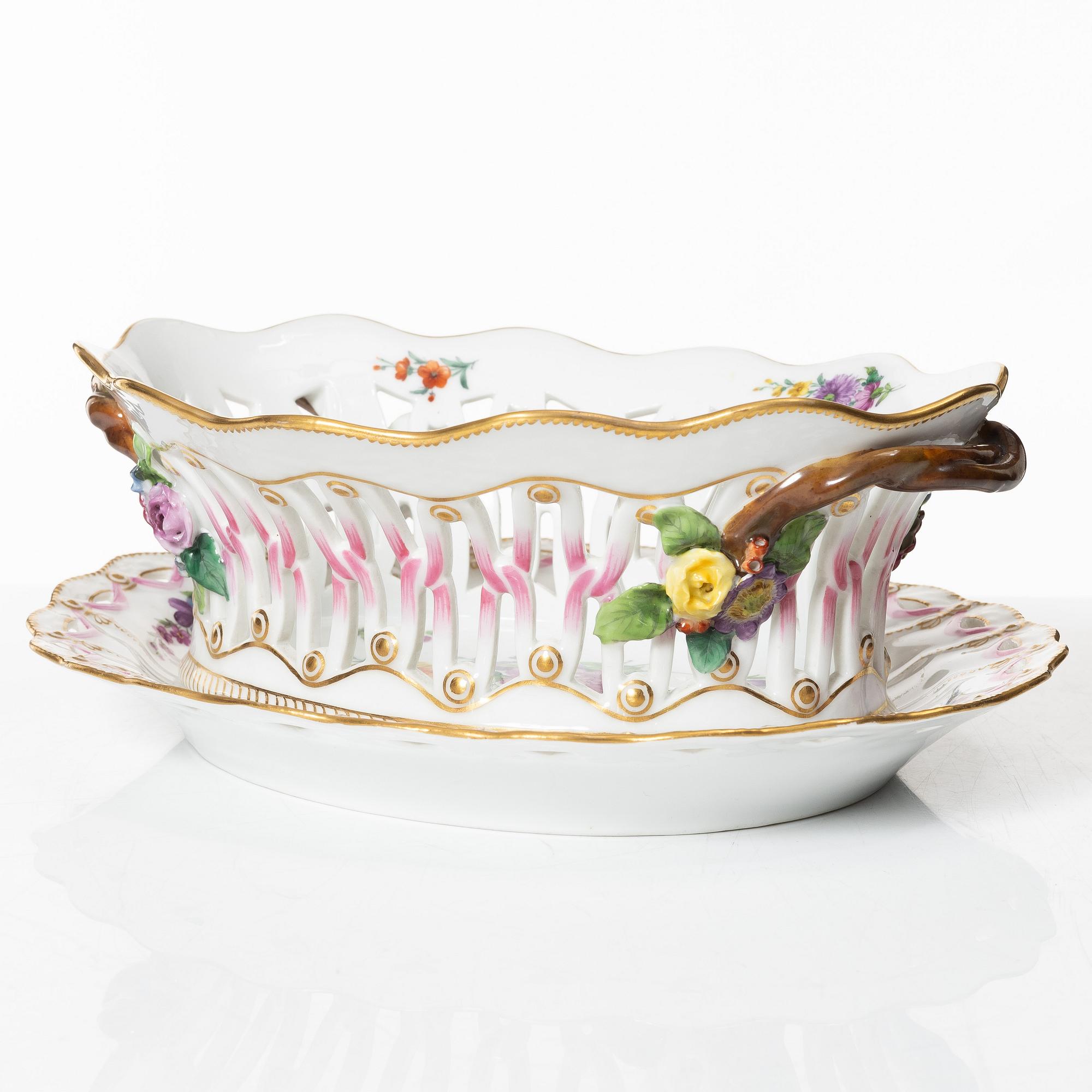 Royal Copenhagen, a 'Saxon Flower' basket on stand, Denmark, 1889-1922.