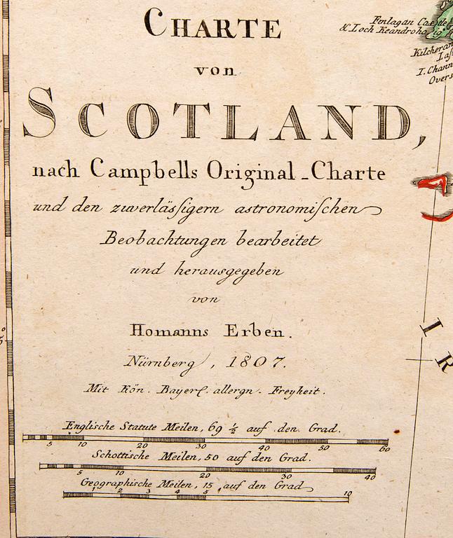 Homannn's Heirs, map Scotland, hand colored copper engraving, Nürnberg 1807.