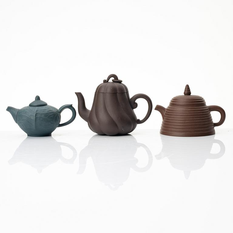 A group of three Chinese yixing 'gongfu' teapots, 1980s.