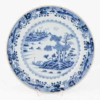 Three blue and white porcelain plates, Kangxi and Qianlong, 18th century.