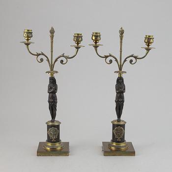 A pair of brass Empire style candle holders, 20th century.