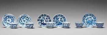 904. Six (2+2+2) blue and white cups with five (2+2+1) dishes, Qing dynasty, Kangxi (1662-1722).