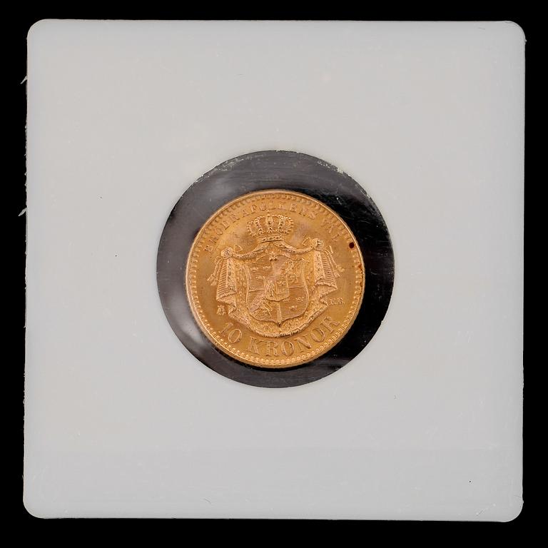 GULDMYNT, 10 kronor, Oscar II, 1901. Vikt ca 4 gram.