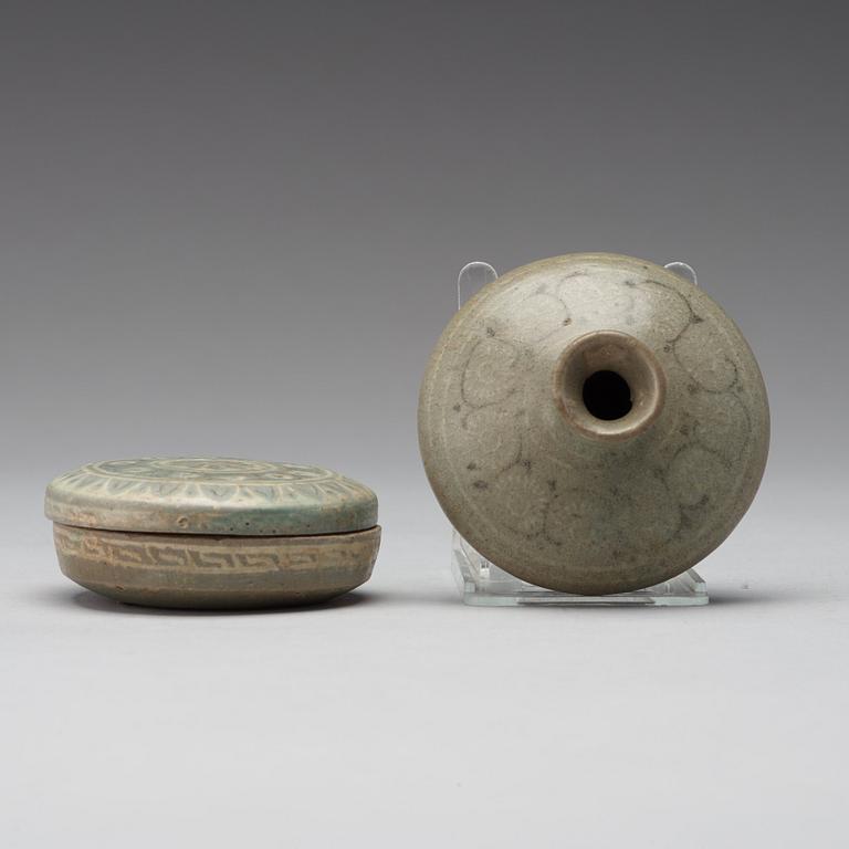 A Korean vase and cosmetic box with cover, Koryo, 13th Century.