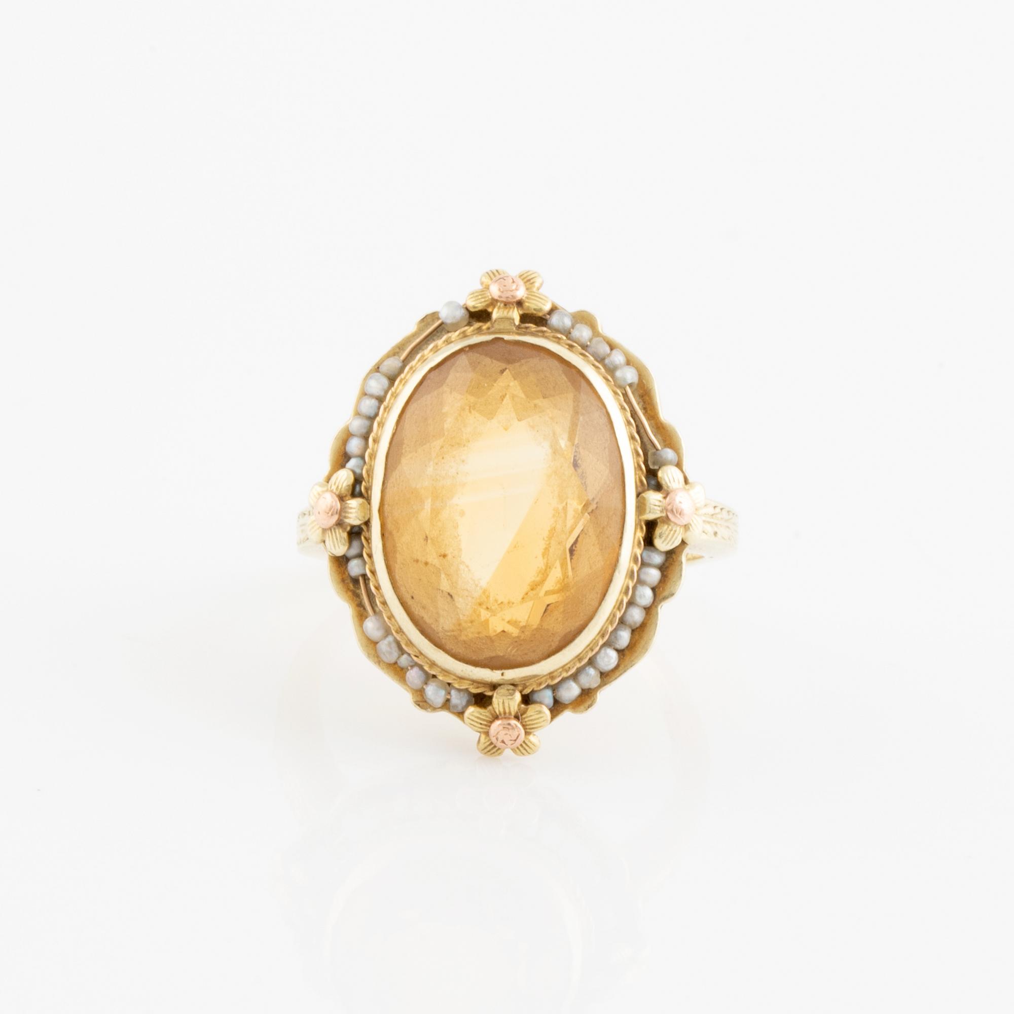 14K gold, citrine and seed pearl ring.