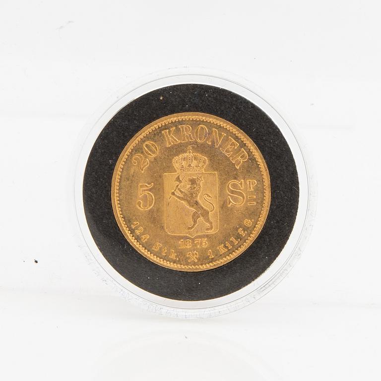 Guldmynt Norge, Oscar II 20 kr 5 Speciedaler, 1875.