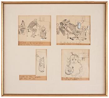 729. Carl Larsson, Fyra teckningar föreställande konstnärens dotter Lisbeth i ateljén.